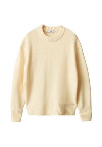 Suéter de punto color crema con cuello redondo, puños y dobladillo acanalados. Textura suave con un ajuste ligeramente holgado, que presenta un diseño simple y limpio.