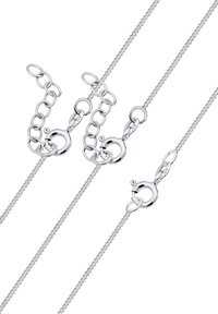 Silberne Kette mit klassischem Design, das mehrere Glieder, einen runden Verschluss und eine strukturierte Oberfläche aufweist; ideal für Halsketten oder Armbänder.