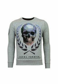 Grijze long-sleeve sweatshirt met een geometrisch schedelontwerp, laurieraccenten en de tekst "LOCAL FANATIC" aan de onderrand.