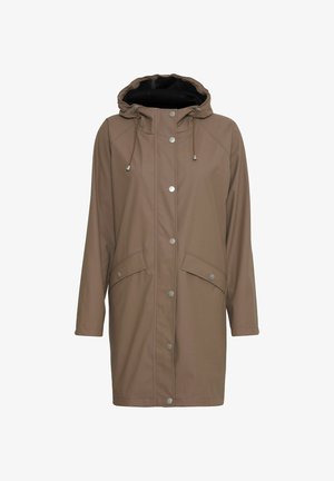 Giacca impermeabile marrone con cappuccio, dotata di bottoni a pressione, due ampie tasche frontali e una texture liscia. Ideale per il maltempo.