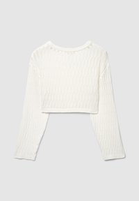 Maglione corto bianco in maglia con maniche lunghe, caratterizzato da un motivo testurizzato e uno scollo rotondo. Il tessuto sembra morbido e leggermente elastico.