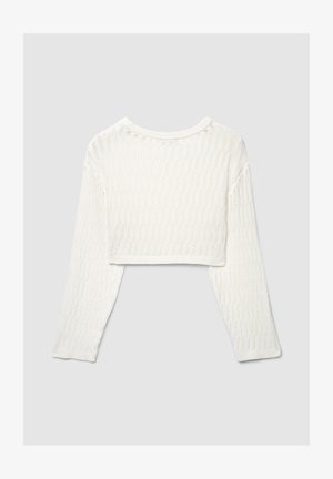 Pull court en maille blanc à manches longues, avec un motif texturé et un col rond. Le tissu semble doux et légèrement extensible.