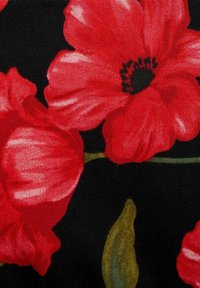 Red floral fabric featuring large poppy flowers with black background, green leaves, and a smooth texture.