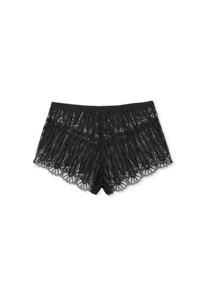 Zwarte kanten shorts met een gegolfde zoom, voorzien van een geometrisch patroon en een gladde tailleband. Lichtgewicht en semi-doorzichtige textuur.
