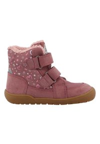 Stivaletti invernali rosa per bambini con chiusura in velcro, decorati con motivi di cuori e stelle, foderati in pelliccia e con suola in gomma marrone.