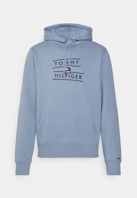 Felpa blu chiaro con tasca frontale, cappuccio con coulisse e logo "Tommy Hilfiger" con design della bandiera sul petto e piccola bandiera sul polsino.