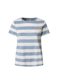 T-shirt rayé avec des bandes horizontales bleu clair et blanches, col rond, manches courtes, et un logo orange brodé sur la poitrine.