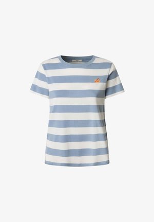 Ribaga T-särk, millel on helesinised ja valged horisontaalsed triibud, ümar kaelus, lühikesed varrukad ja tikkitud oranž logo rinnal.