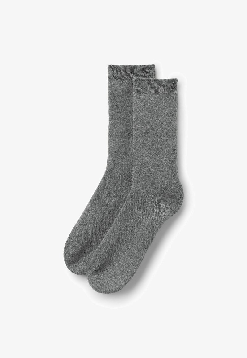 Calze in cotone grigio misto con una trama liscia, lunghezza alla caviglia, polsini a coste e un design aderente. Senza motivi o dettagli aggiuntivi.