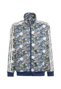 Blommig zip-up jacka med marinblå bas och mönster av vita och blå blommor, ribbade muddar och tre vita ränder på varje ärm.