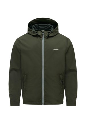 Dunkelgrüne Kapuzenjacke mit Frontreißverschluss, zwei Seitentaschen und "ragwear"-Logo auf der linken Brust.