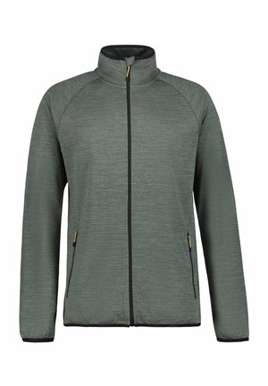 Fleece jacket in donkergroen met een gestructureerde afwerking, volledige ritssluiting aan de voorkant, staande kraag en zwarte accenten. Voorzien van zijzakken met ritssluitingen.