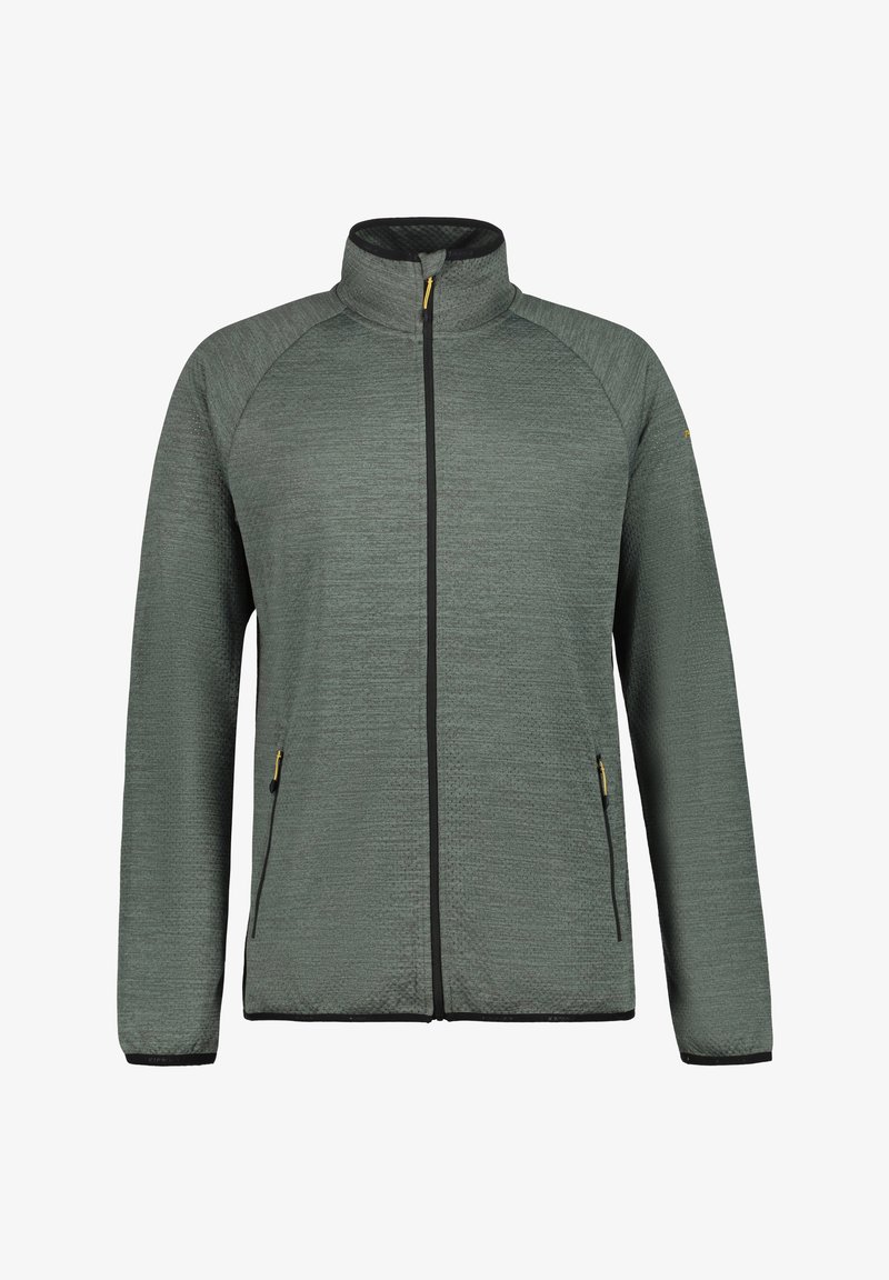 Chaqueta de forro polar en verde oscuro con un acabado texturizado, cierre frontal completo, cuello alto y detalles en negro. Presenta bolsillos laterales con cremalleras.