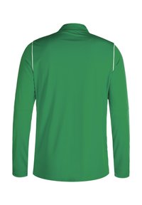 Grünes Langarmhemd mit Kragen, hergestellt aus glattem Stoff. Verfügt über weiße Akzentlinien entlang der Schultern und hat eine lockere Passform.