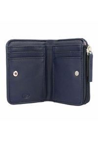 Marineblauwe leren portemonnee met een ritsvak. Het interieur beschikt over kaartvakjes, een drukknoopsluiting en gladde textuur.