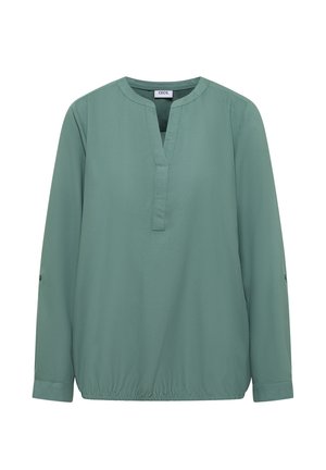 Groene langwerpige blouse met V-hals, elastische zoom en knoopdetail bij de manchetten. Gemaakt van lichtgewicht stof.