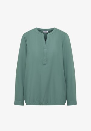 Zelená blůza s dlouhým rukávem a výstřihem do V, elastickým lemem a knoflíkovým detailem na manžetách rukávů. Vyrobena z lehkého materiálu.