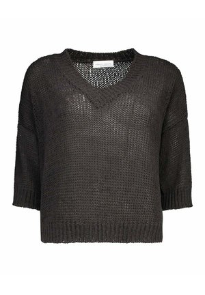 Maglione nero a maglia larga con scollo a V e maniche corte, polsini e orlo a costine, tessuto semitrasparente, etichetta Roberto Collina all'interno del collo.