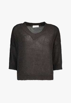 Pull noir à col en V en maille lâche, manches courtes, poignets et ourlet côtelés, tissu semi-transparent, étiquette Roberto Collina à l’intérieur de l’encolure.