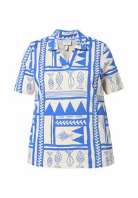 Camicia a maniche corte di colore crema con un motivo geometrico blu che presenta pesci e foglie. Design senza colletto con una vestibilità comoda.