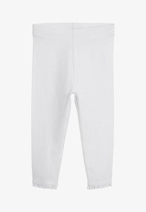 Leggings de algodón blanco con una textura suave, que presentan un dobladillo rizado en el tobillo, diseñados para la comodidad y facilidad de uso.
