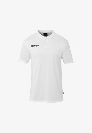 Witte polo shirt van gladde stof met een twee-knopen placket en korte mouwen; zwart "Kempa" logo op de linkerkant van de borst.