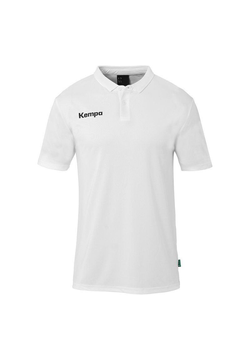 Witte polo shirt van gladde stof met een twee-knopen placket en korte mouwen; zwart "Kempa" logo op de linkerkant van de borst.