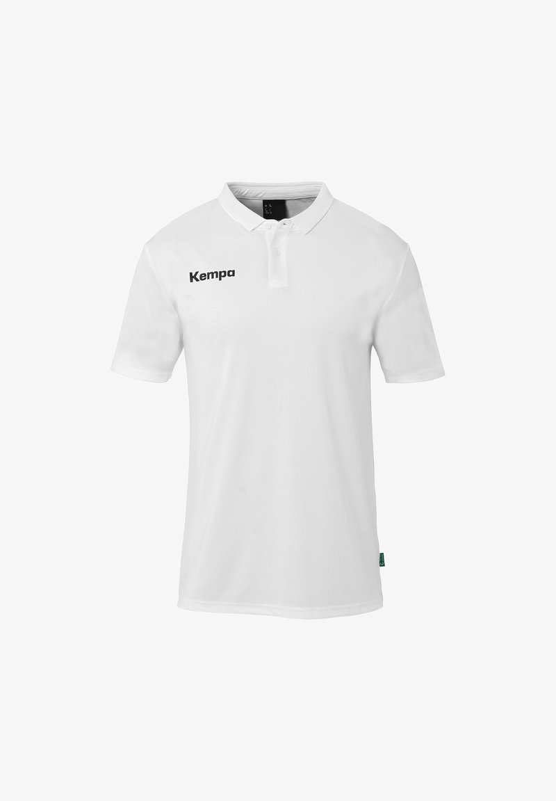 Witte polo shirt van gladde stof met een twee-knopen placket en korte mouwen; zwart "Kempa" logo op de linkerkant van de borst.