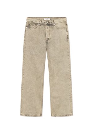 Μπεζ τζιν με ίσια γραμμή, πέντε τσέπες, θηλιές για ζώνη, κλείσιμο με κουμπί και εμφανείς ραφές, με ετικέτα "Wood Wood Type 2" στη μέση.