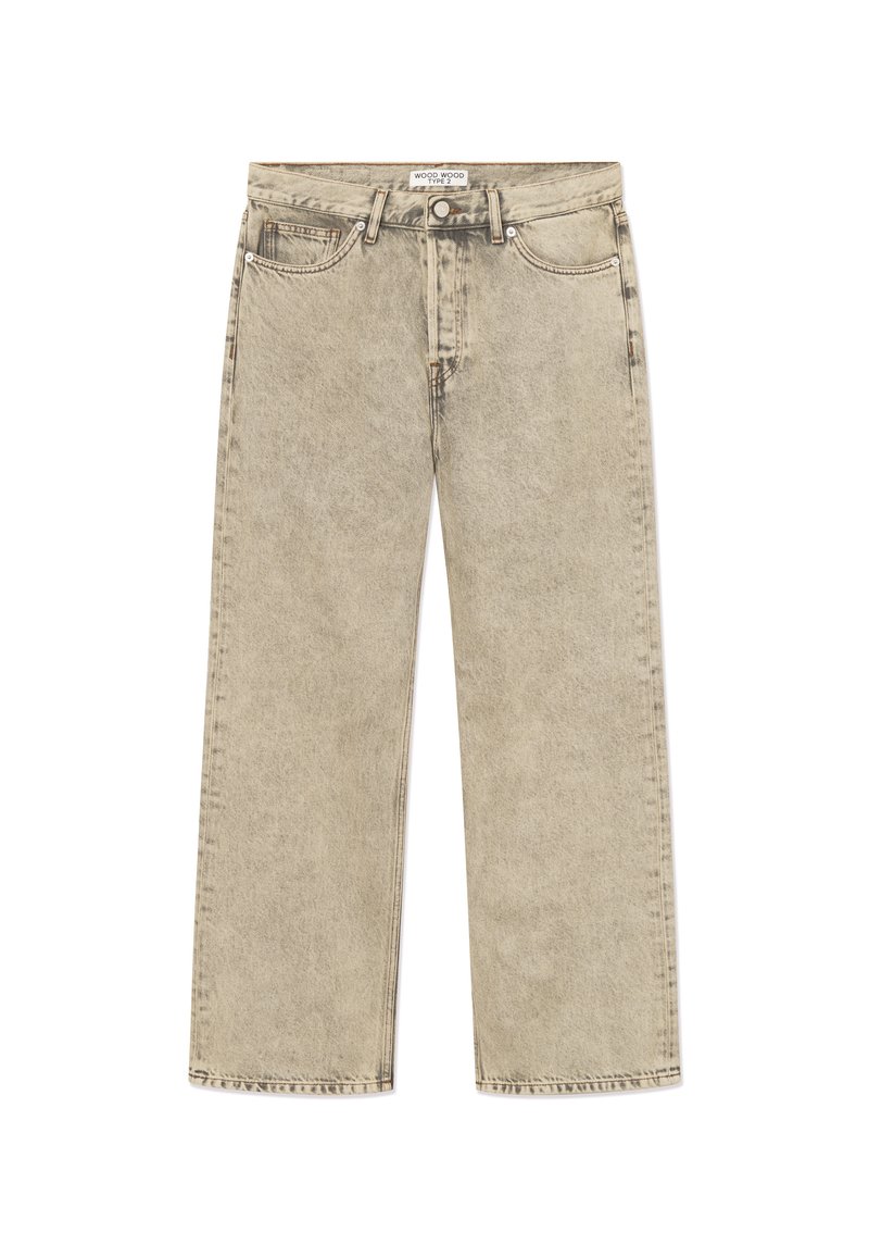 Beige gerade geschnittene Jeans aus Denim mit fünf Taschen, Gürtelschlaufen, Knopfverschluss und sichtbaren Nähten, mit dem Label "Wood Wood Type 2" am Bund.