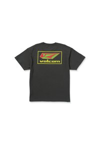 T-shirt en coton noir avec un grand design graphique coloré au dos, comprenant un logo rouge et vert encadré de jaune. Manches courtes, coupe décontractée.