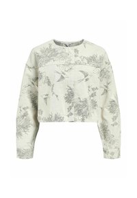 Sweatshirt court gris clair avec des motifs botaniques et d'oiseaux, col rond, manches longues et texture lisse.