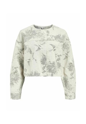 Sweatshirt court gris clair avec des motifs botaniques et d'oiseaux, col rond, manches longues et texture lisse.