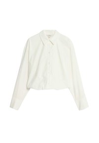 Camicia bianca cropped con colletto a punta, maniche lunghe e texture liscia. Presenta bottoni frontali e una vestibilità sartoriale.