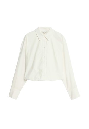 Weißes, kurzes Button-Up-Hemd mit spitzem Kragen, langen Ärmeln und glatter Textur. Besitzt eine Knopfleiste auf der Vorderseite und eine taillierte Passform.