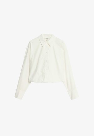 Witte cropped button-up shirt met een puntig kraag, lange mouwen en een soepele textuur. Kenmerkt zich door front knopen en een getailleerde pasvorm.