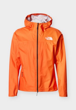 Φωτεινό πορτοκαλί αδιάβροχο μπουφάν με κουκούλα, μπροστινό φερμουάρ, πλαϊνές τσέπες με φερμουάρ και λευκό λογότυπο The North Face στο στήθος.