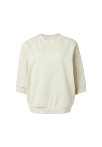 Crèmekleurige sweatshirt met korte mouwen en een ronde hals, voorzien van geribbelde manchetten en zoom, afgebeeld tegen een effen witte achtergrond.