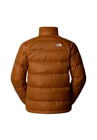 Brun pufferjakke med høj krave, quiltet tekstur og logo på den øverste ryg. Har elastiske manchetter og en kant for varme.