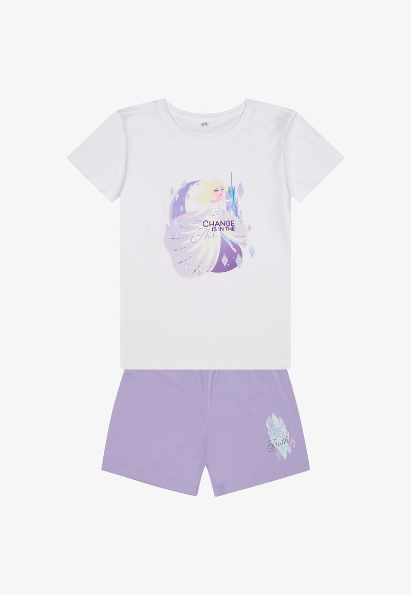 White cotton T-shirt with a purple graphic featuring a character and text, paired with lavender shorts displaying a diamond pattern and text.