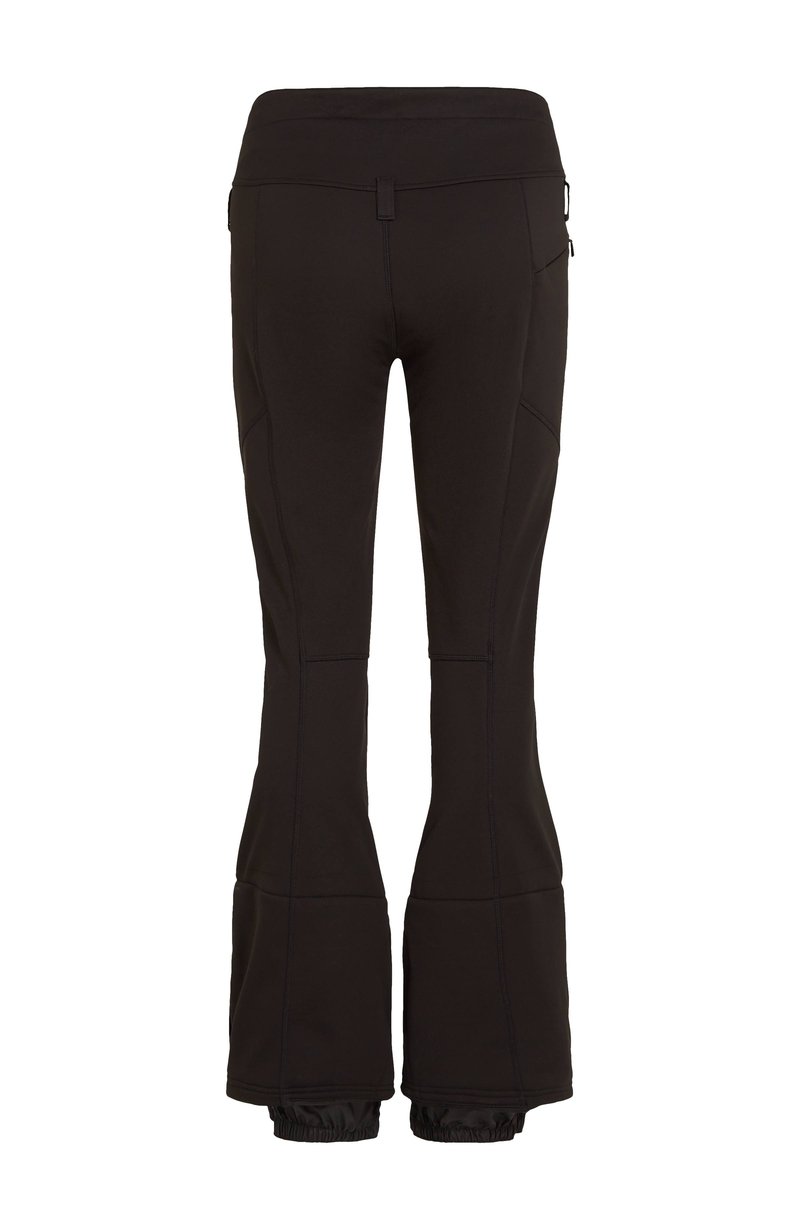 Schwarze, ausgestellte Hosen aus weichem, dehnbarem Material mit einem breiten Bund und elastischen Bündchen am Saum. Nahtdetails betonen die Form.