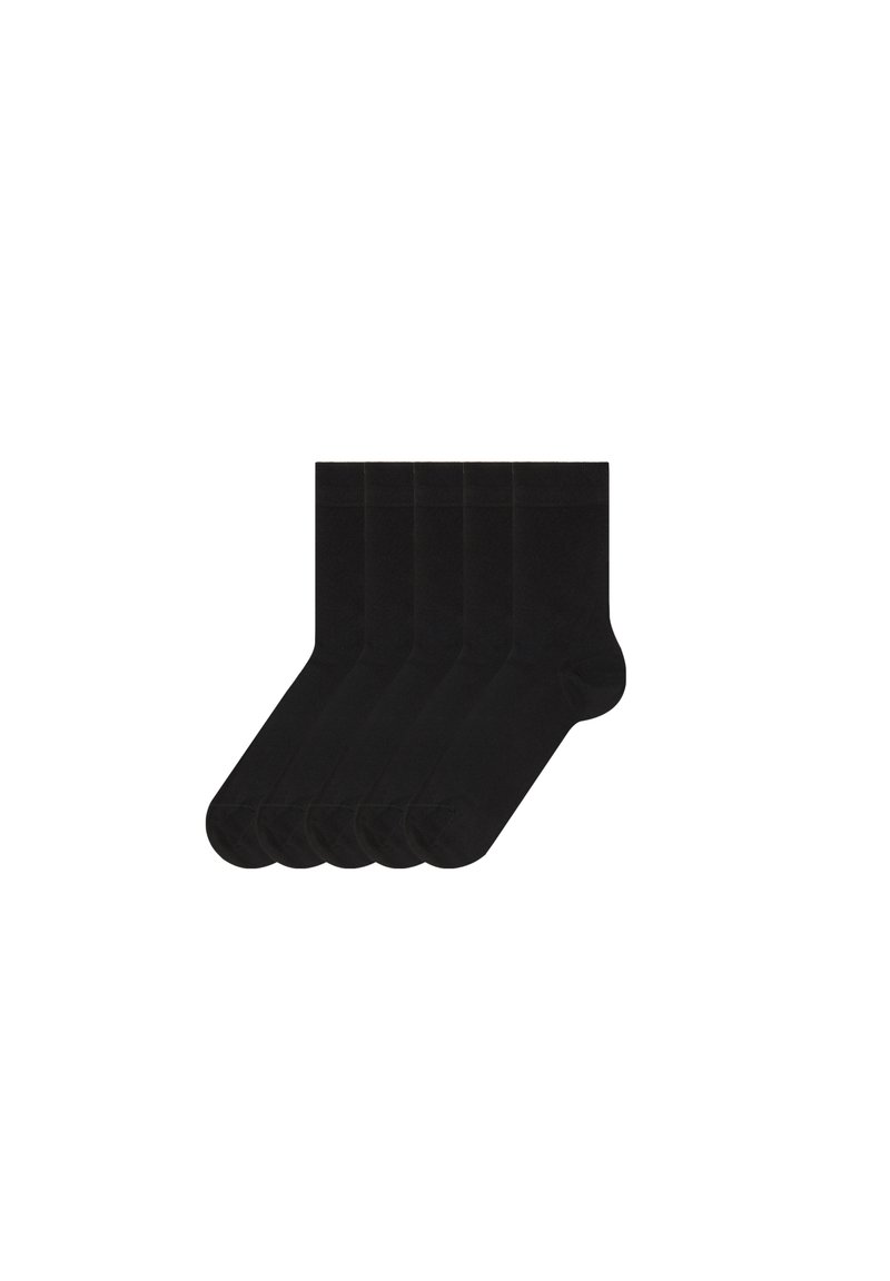 Schwarze Socken, fünf Paare, aus einer Baumwollmischung. Sie verfügen über eine glatte Textur, sind knöchelhoch, haben eine verstärkten Fußspitze und einen elastischen Bund.