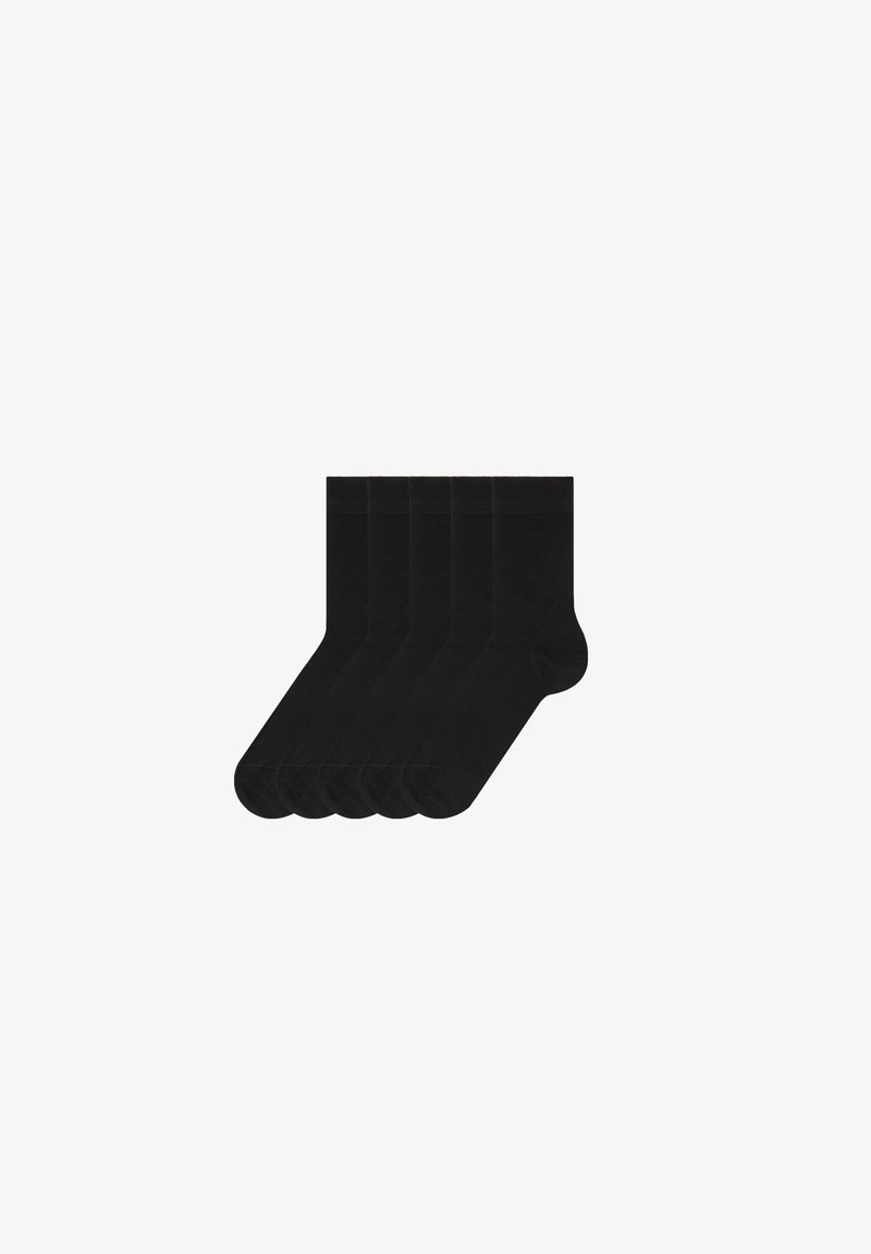 Schwarze Socken, fünf Paare, aus einer Baumwollmischung. Sie verfügen über eine glatte Textur, sind knöchelhoch, haben eine verstärkten Fußspitze und einen elastischen Bund.