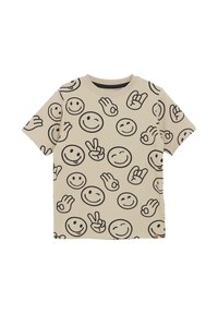 Beige t-shirt med korte ærmer, der har mønstre af sorte smilende ansigt og håndgester. Blødt stof med rund halsudskæring og afslappet pasform.