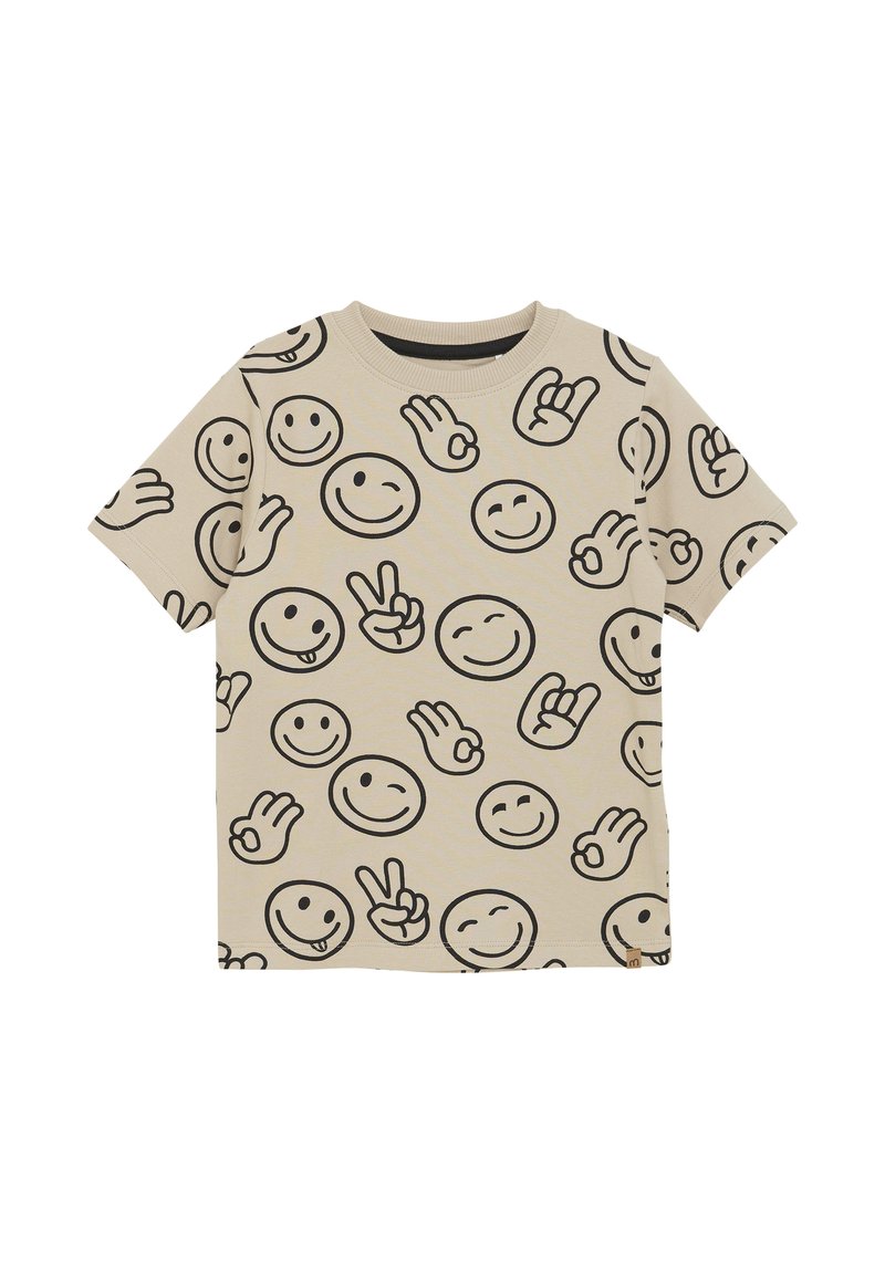 Beige t-shirt med korte ærmer, der har mønstre af sorte smilende ansigt og håndgester. Blødt stof med rund halsudskæring og afslappet pasform.