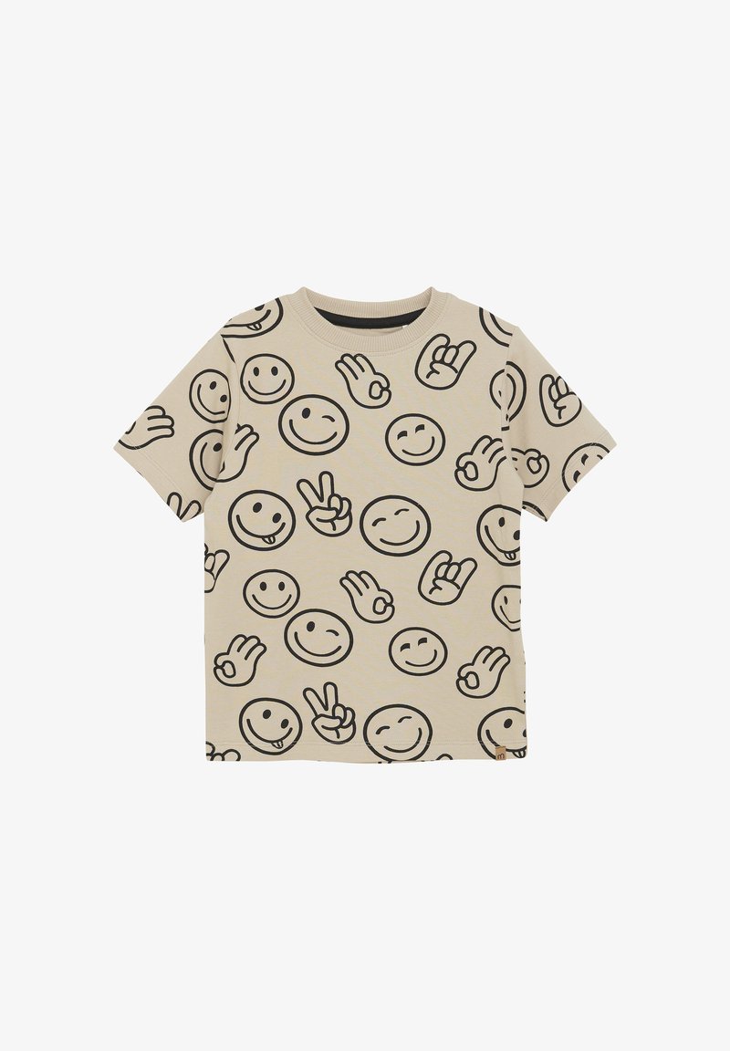 Beige t-shirt med korte ærmer, der har mønstre af sorte smilende ansigt og håndgester. Blødt stof med rund halsudskæring og afslappet pasform.