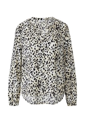 Langärmlige Bluse aus leichtem, transparentem Stoff mit cremefarbener Basis und schwarzen Leopardenflecken. Mit V-Ausschnitt und entspannter Passform.