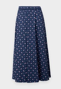 Navy blue maxi hame, jossa on pinkkejä ja sinisiä kukkakuoseja, elastinen vyötärö ja ilmava muotoilu mukavuutta varten.