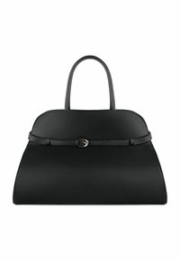 Czarna skórzana torebka o wyraźnej strukturze, z dwoma górnymi uchwytami, ozdobą w postaci klamry oraz gładką fakturą. Na przedniej części wytłoczone logo.