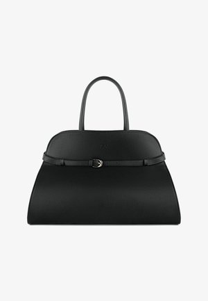 Borsa a mano in pelle nera dalla forma strutturata, con due manici superiori, un dettaglio con fibbia e una texture liscia. Logo impresso sul davanti.